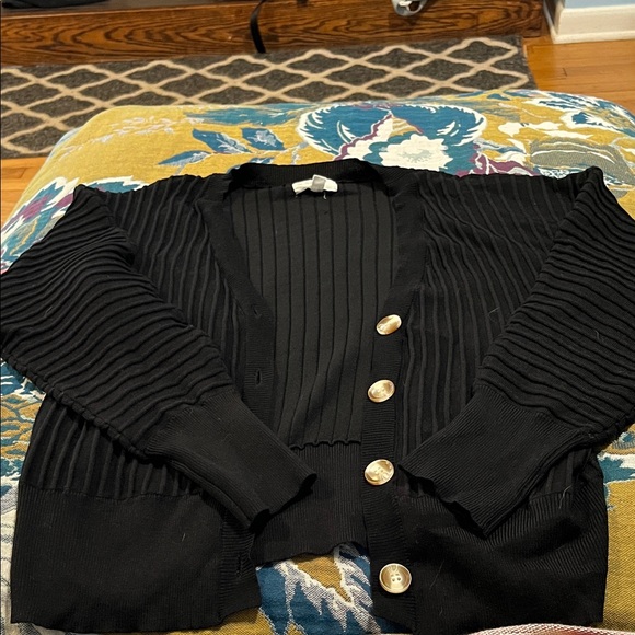 Black Ribbed Button-Front Cardigan Sweater - Picture 3 of 5